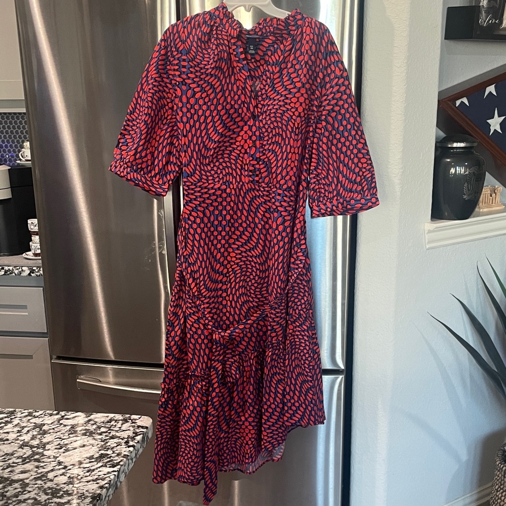 Chic Red and Blue Patterned Midi Dress